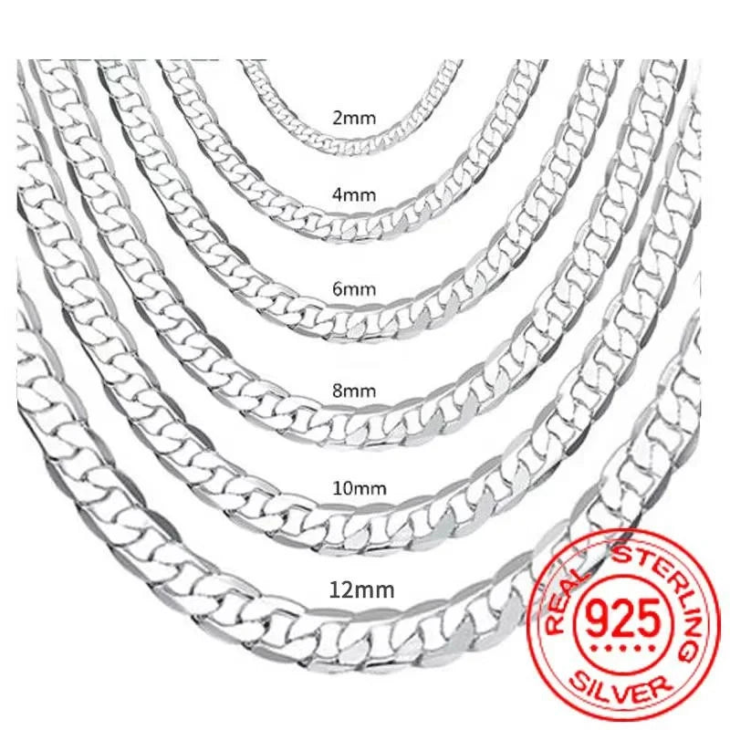 Men’s 925 Sterling Silver Necklace – 2mm to 12mm, 40–75cm Chain with Lobster Clasp, Unisex Fine Jewelry