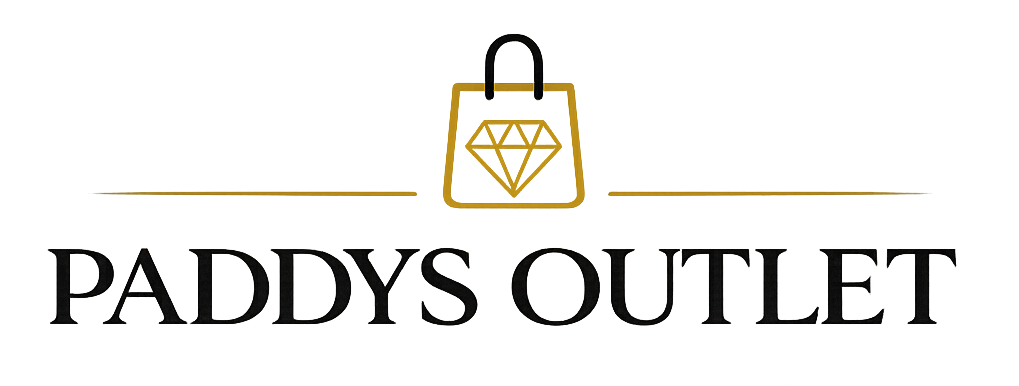 Logo of Paddys Outlet with a shopping bag and diamond design on a white background