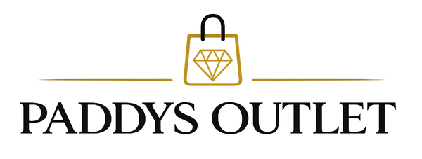 Logo of Paddys Outlet with a shopping bag and diamond design on a white background