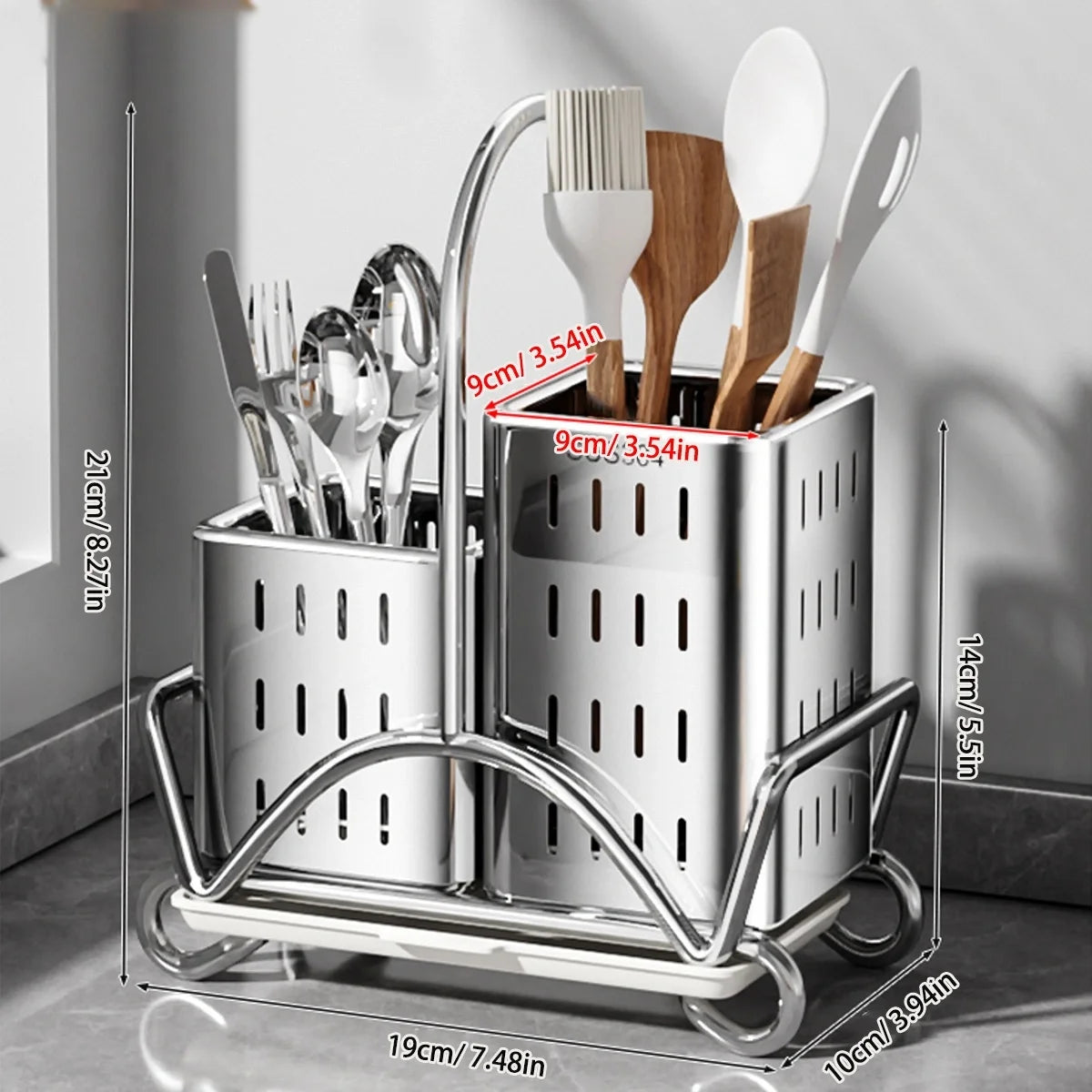 Kitchen Cutlery Organiser, Stainless Steel Utensil Holder for Spoon Fork Knife, Multifunctional Desktop Tableware Storage Rack