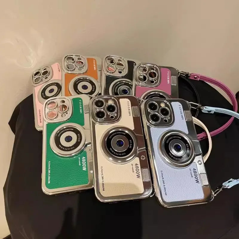 Fashionable Retro Camera Phone Case For iPhone 17 16 15 14 13 12 Pro Max Plus with Wrist Strap Protective Case