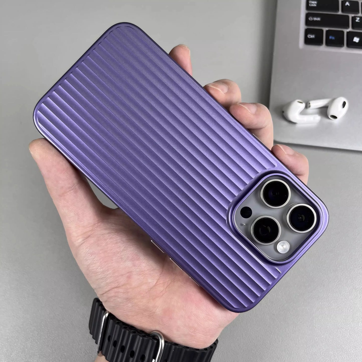 Natural Titanium Grating Stripe Pattern Phone Case for iPhone 16 14 15 13 Pro Max Plus Metal Button Shockproof Hard Armor Cover