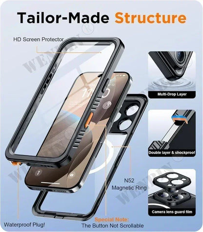 IP68 Waterproof Case For iPhone 17 16 15 Pro Max Plus Full Body Protective Cover Swim Underwater Diving Magsafe Magnetic Fundas