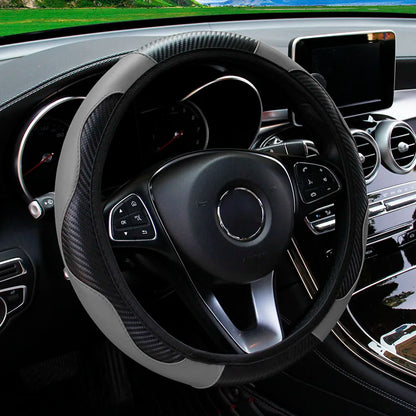 37-38cm Carbon Fiber Style PU Leather Steering Wheel Cover Universal Anti Slip Breathable for Car Interior Decoration