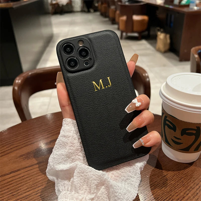 Personalised Customized Name Case For iPhone 17 16 15 14 13 12 11 Pro Max Initials Letters Leather Cover 13 15 16 17 Air Pro Max