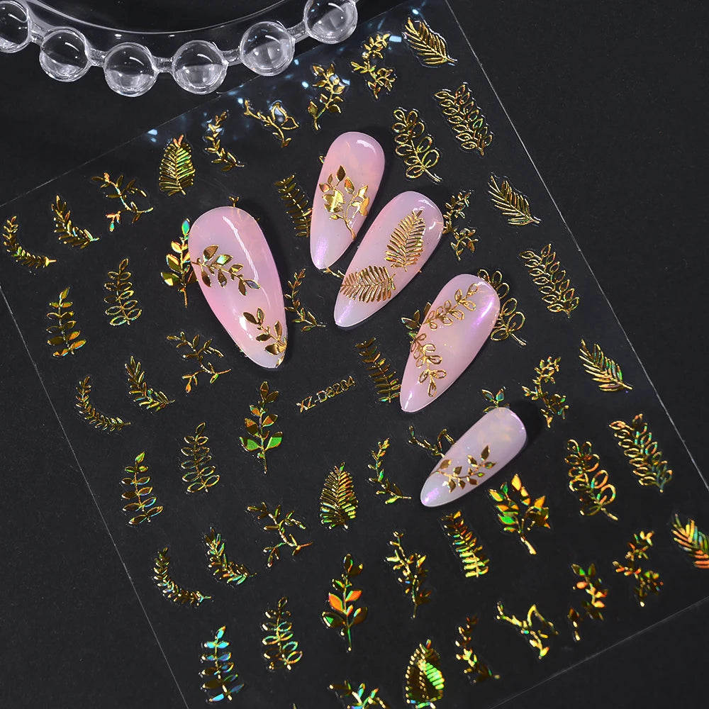 12pcs Metal Simple Leaf Nail Stickers 3D Gold Leaves Flower Bronzing Self-Adhesive Slider Nail Decals DIY Manicure Decoration