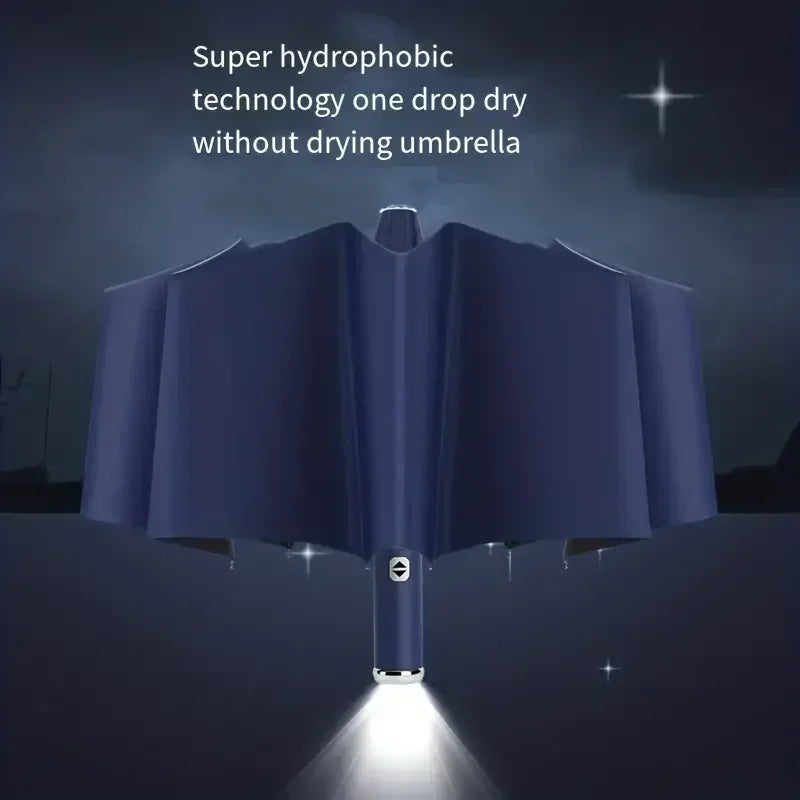 10 bone fully automatic three fold umbrella, rotatable LED flashlight, business wind resistant folding umbrella, sunny umbrella