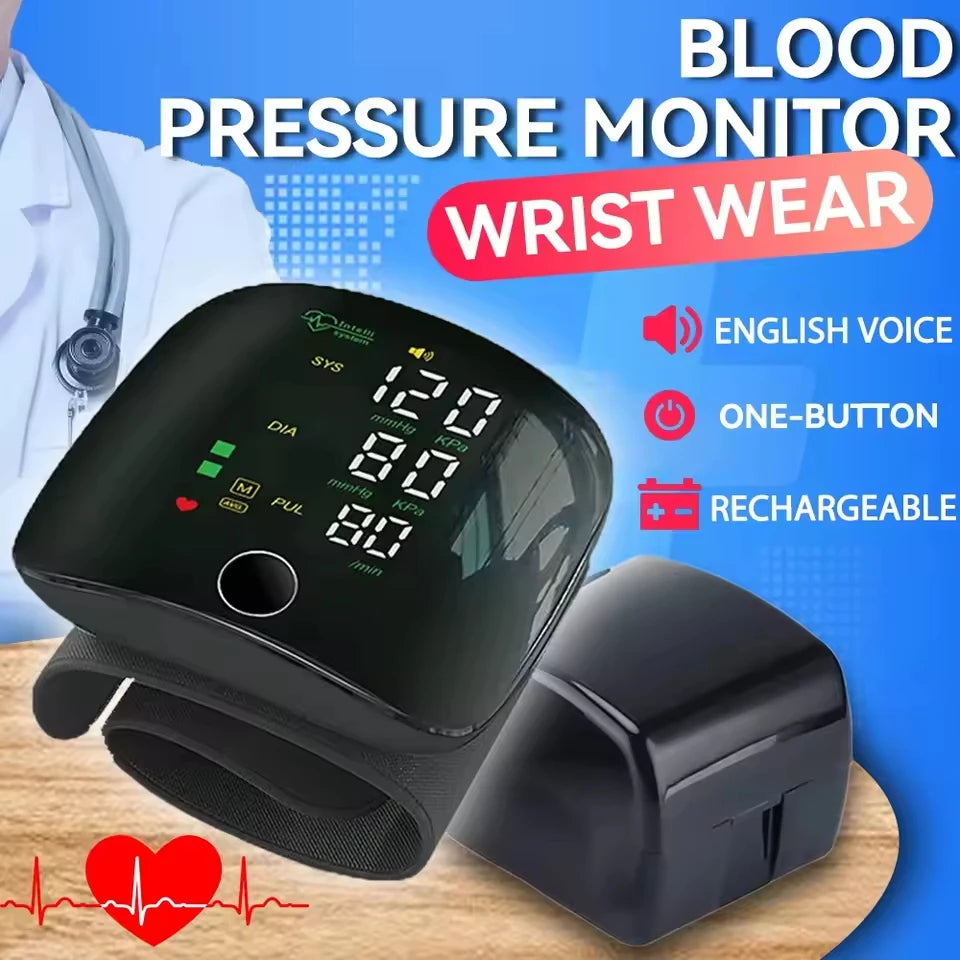 Rechargeable Wrist Blood Pressure Monitor-Digital Sphygmomanometer with English Voice Alert,Medical Tonometer Health Tracking