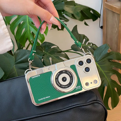 Fashionable Retro Camera Phone Case For iPhone 17 16 15 14 13 12 Pro Max Plus with Wrist Strap Protective Case
