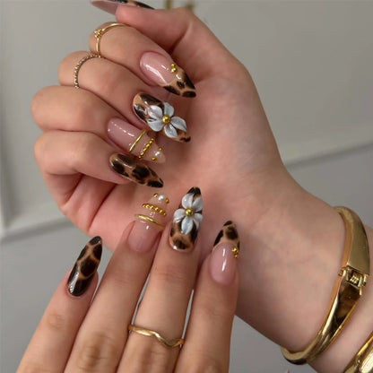 24Pcs Autumn Winter Matte Almond False Nails with Glue Rose Leaf Printing Nail Art Simple Full Cover Press on Acrylic Nails Tips