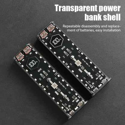 Transparent 4-Port 22.5W Fast Power Bank Solder-Free 4-Cell 21700 Battery Case Portable PD Battery Storage Box with OutdoorLight