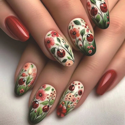 24Pcs Autumn Winter Matte Almond False Nails with Glue Rose Leaf Printing Nail Art Simple Full Cover Press on Acrylic Nails Tips