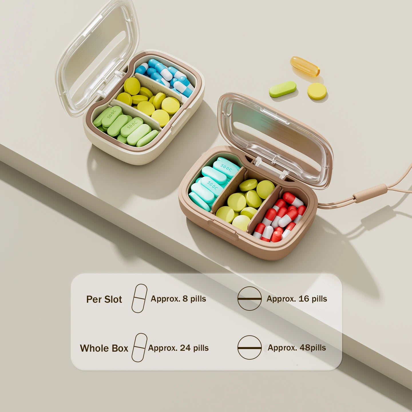 3-Compartment Airtight Waterproof Portable Pill Case with Lanyard, Semi-Transparent Moisture-Resistant Daily Pill Organizer