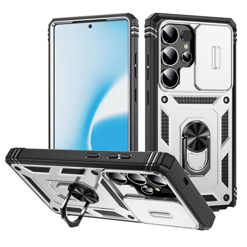 Heavy Duty Armor Phone Case For Samsung Galaxy S25 S24 S23 S22 S21 Ultra S20 FE Plus Note 20 Ultra Lens Protect Ring Stand Cover