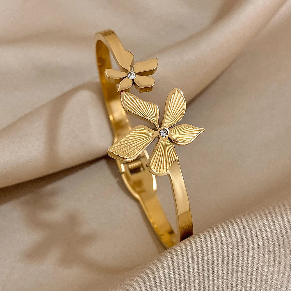 Greatera Stainless Steel Double Flower Cuff Bracelet – Gold Color Waterproof
