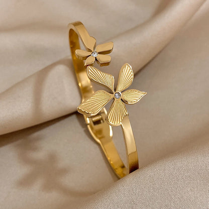 Greatera Stainless Steel Double Flower Cuff Bracelet – Gold Color Waterproof