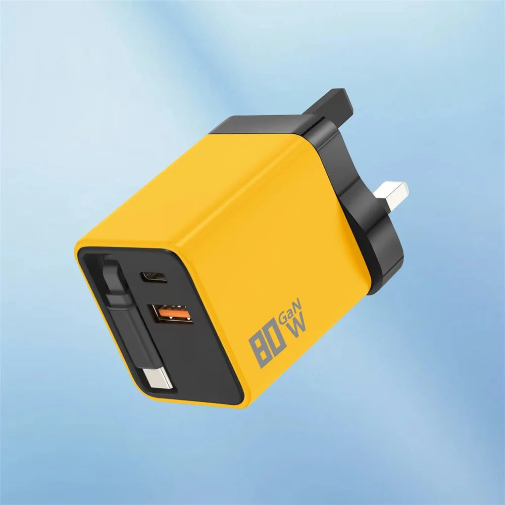 80W USB C Fast Charger with Retractable Type C Cable PD Charging for iPhone 17 16 15 Samsung Xiaomi iPad Phone Quick Charger