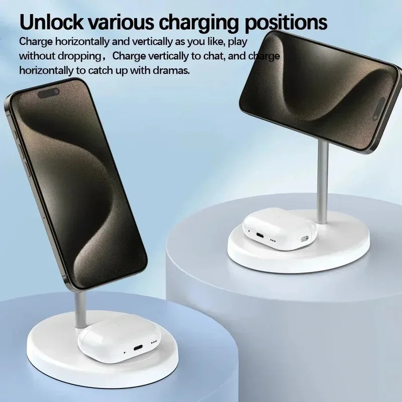 Desktop Magnetic 2 in 1 Wireless Charger Stand For iPhone17 16 15 14 13 12 Pro Max AirPod Pro Fast Phone Charging Station Holder