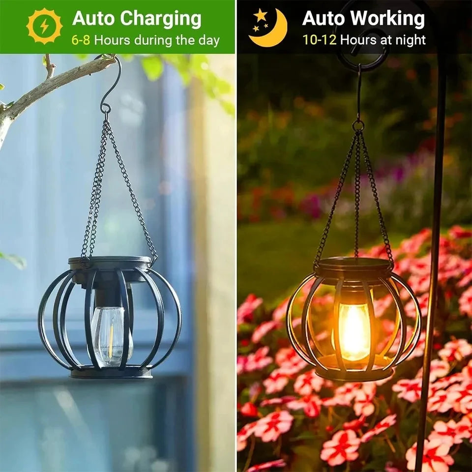 HOMEFISH Solar Lantern LED Light Warm White Outdoor Waterproof Sensor Garden Lamp for Patio Yard Decor Hanging Hollow Design