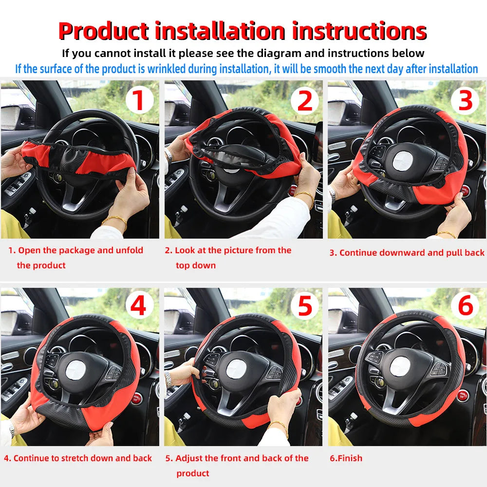 37-38cm Carbon Fiber Style PU Leather Steering Wheel Cover Universal Anti Slip Breathable for Car Interior Decoration