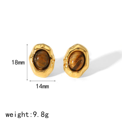 Tiger-Eye Natural Stone Earrings – 18K Gold Plated Stainless Steel, Waterproof