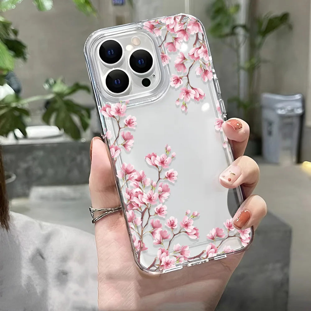 Girls Flower Clear Phone Case For iPhone 16 15 14 13 12 11 Pro Max 16 Plus Bumper Shockproof Hard Cover Cases