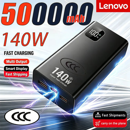 Lenovo 140W Super Fast Charging Ultra Capacity Portable Charger Power Bank 2027 500000mAh CCC For IPhone Samsung