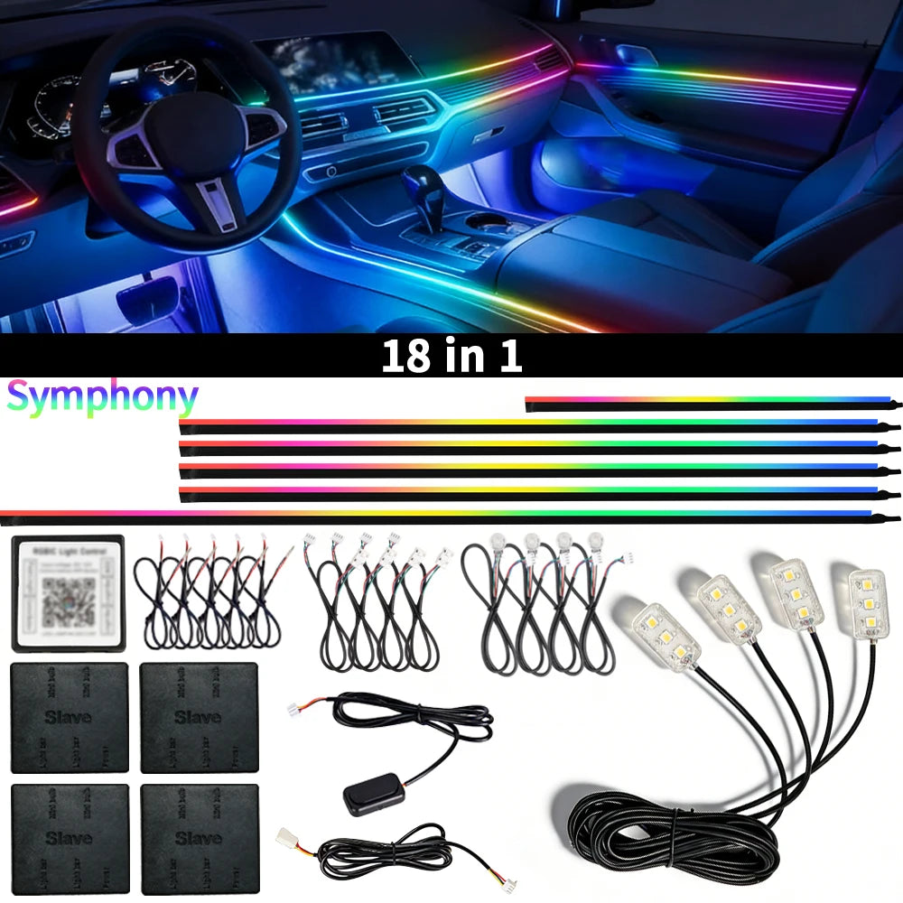 18IN1 Full Color Streamer Car Ambient Lights RGB 64 Color Universal LED Interior Hidden Acrylic Strip Symphony Atmosphere Lamp