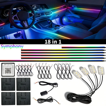 18IN1 Full Color Streamer Car Ambient Lights RGB 64 Color Universal LED Interior Hidden Acrylic Strip Symphony Atmosphere Lamp