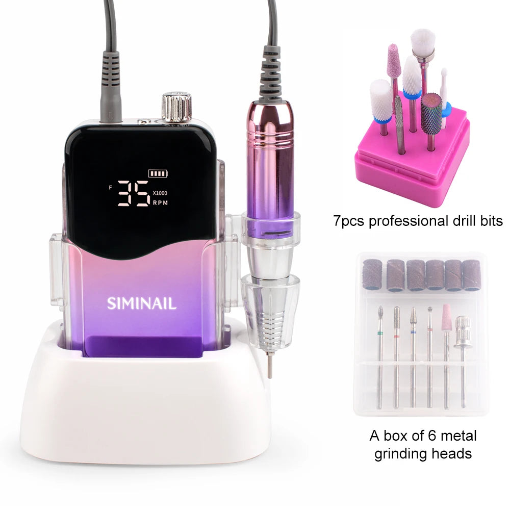 SIMINAIL Professional Nail Drill Machine 35000RPM Portable Electric Nail File Rechargeable Manicure Machine Set Efile Bit Kit