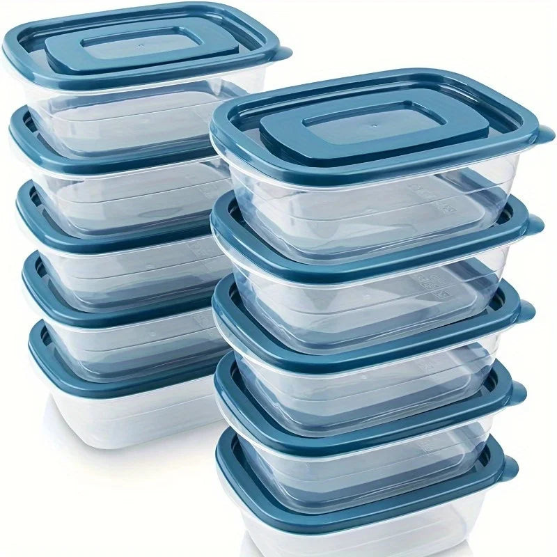 A Set of 6 Transparent Stackable Plastic Food Storage Containers with Blue Lids and Measurement Markings—Reusable, Dishwasher Sa