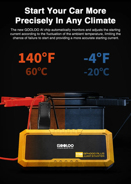 GOOLOO GP4000 PLUS 4000A 12V Portable Car Jump Starter, SuperSafe Lithium Battery Booster Pack, Spark-Proof with LED Light, for All Gas & Up to 10.0L Diesel Engines