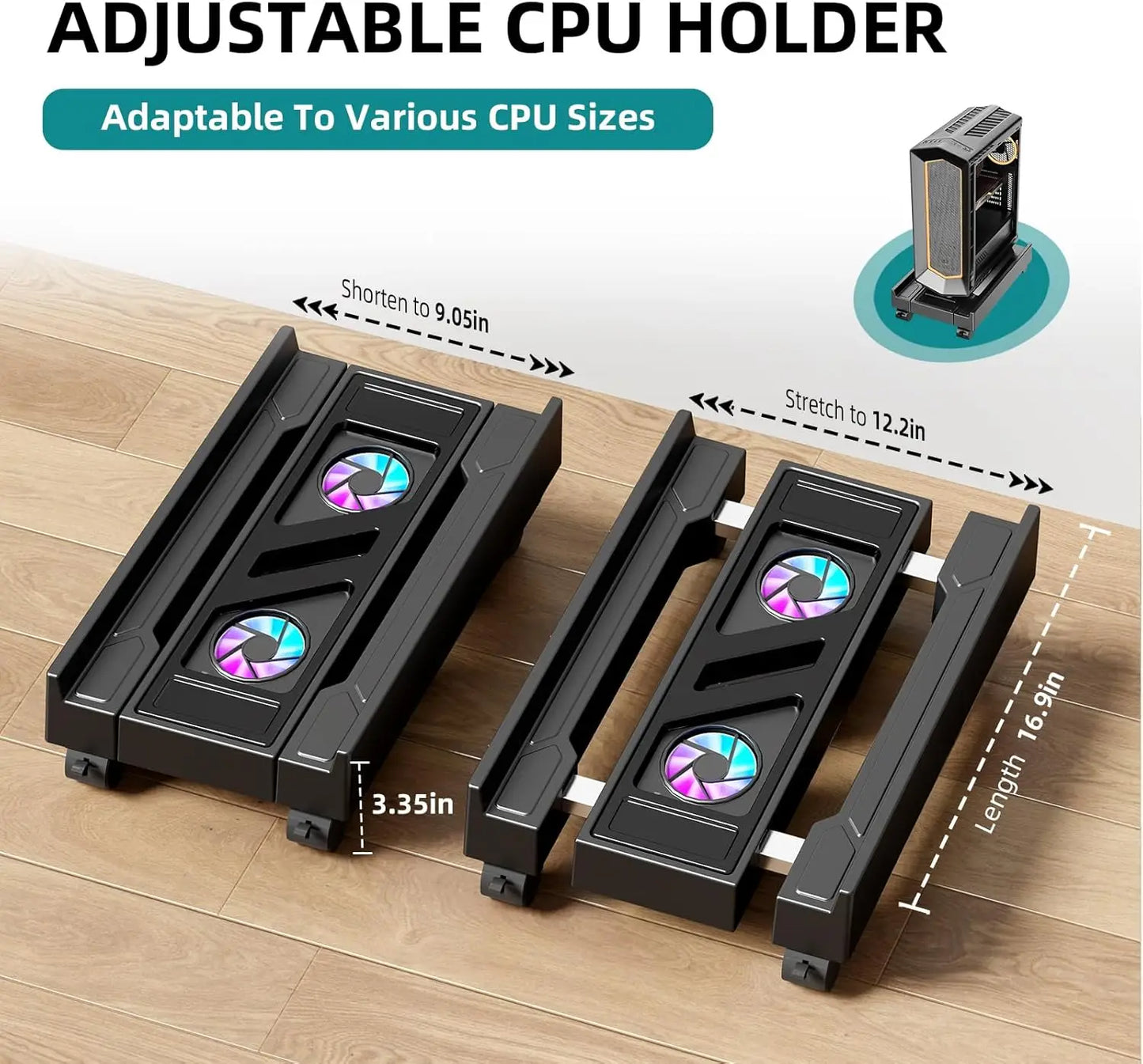 Adjustable Computer Tower Stand with Cooling Fan  Mobile CPU Holder 4 Rolling Casters  PC Floor Cart PC Riser Under Desk CPU