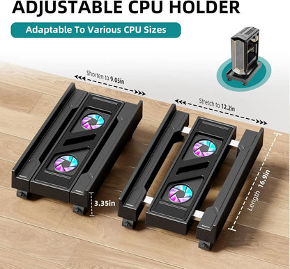 Adjustable Computer Tower Stand with Cooling Fan  Mobile CPU Holder 4 Rolling Casters  PC Floor Cart PC Riser Under Desk CPU