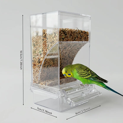 No Mess Automatic Bird Feeder Clear Acrylic Seed Dispenser Spill-Proof Parrot Feeder Cage Accessories for Budgies Parakeet Cockatiel Finch