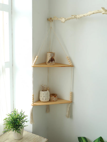 Wooden Floating Corner Shelf — Boho Wall Organizer