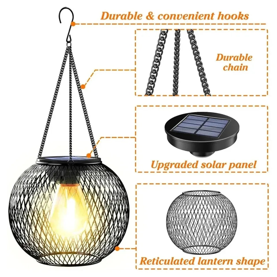 HOMEFISH Solar Lantern LED Light Warm White Outdoor Waterproof Sensor Garden Lamp for Patio Yard Decor Hanging Hollow Design