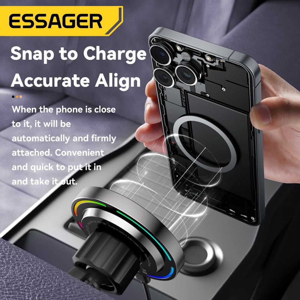 Essager 15W Magnetic Car Phone Holder Wireless Charger Stand For iPhone 16 15 14 13 Pro Max Charging for Magsafe Car Charger RGB