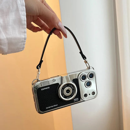 Fashionable Retro Camera Phone Case For iPhone 17 16 15 14 13 12 Pro Max Plus with Wrist Strap Protective Case