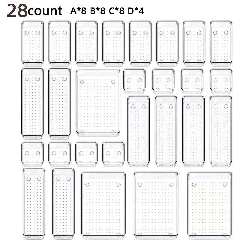 28 PCS Clear Drawer Organizers Set 4-Size Versatile Bathroom and Vanity Drawer Organizer Trays Storage Bins for Bedroom Kitchen