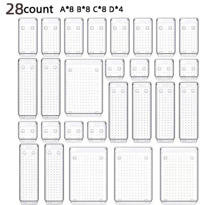 28 PCS Clear Drawer Organizers Set 4-Size Versatile Bathroom and Vanity Drawer Organizer Trays Storage Bins for Bedroom Kitchen