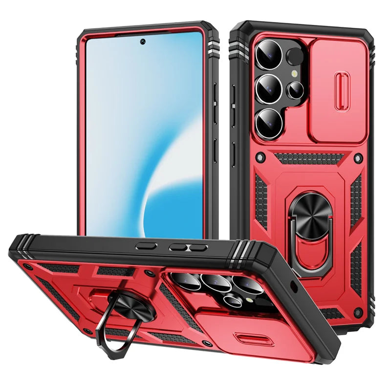 Heavy Duty Armor Phone Case For Samsung Galaxy S25 S24 S23 S22 S21 Ultra S20 FE Plus Note 20 Ultra Lens Protect Ring Stand Cover