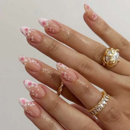24Pcs Autumn Winter Matte Almond False Nails with Glue Rose Leaf Printing Nail Art Simple Full Cover Press on Acrylic Nails Tips