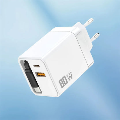 80W USB C Fast Charger with Retractable Type C Cable PD Charging for iPhone 17 16 15 Samsung Xiaomi iPad Phone Quick Charger