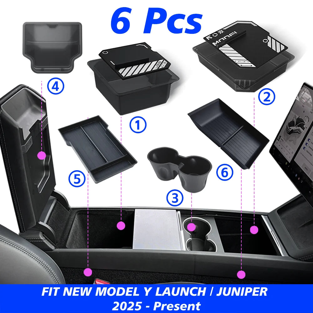 TEKSY 1/2/3/4/6/7/8pcs For Tesla New Model Y 2025 2026 Juniper ABS with Silicone Non-slip Mat Console & Armrest Storage Box