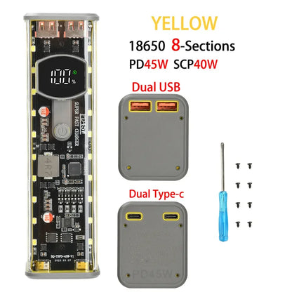 PD65W PD45W Power Bank Case Kit 8*18650 Power Bank Battery Storage Box Fast Charging Battery Holder with LED Light USB+Type-C