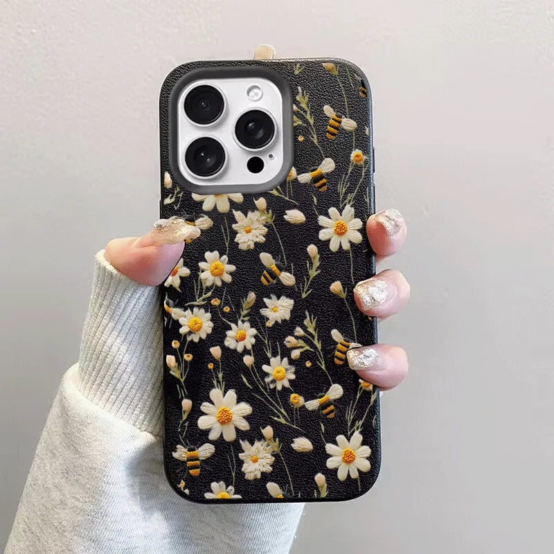 Phone Case For IPhone 17 Air 16E 11 12 14 13 15 16 17 Pro Max IPhone17 Cute Flowers Floral Love Heart Silicone Leather PU Cover