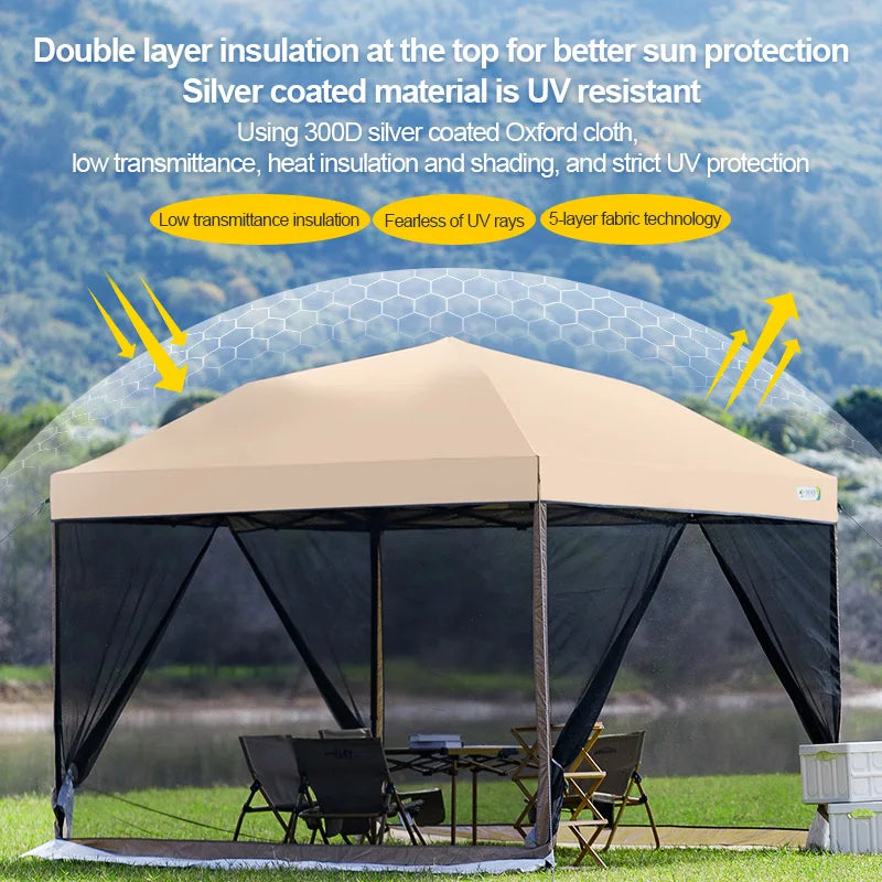 Outdoor Pop-Up Awning Beach Camping Instant Canopy Pavilion Tent With Side Wall 10x10 Feet Khaki Sunscreen Rainstorm Proof