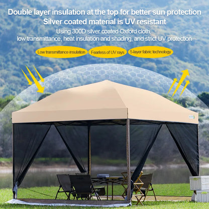 Outdoor Pop-Up Awning Beach Camping Instant Canopy Pavilion Tent With Side Wall 10x10 Feet Khaki Sunscreen Rainstorm Proof
