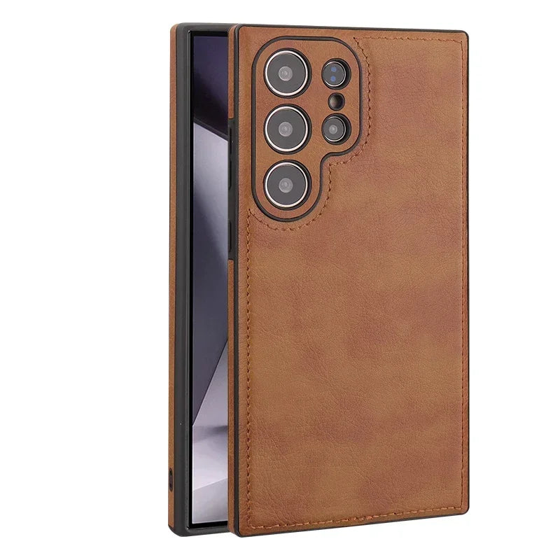 Luxury Vintage PU Leather Case for Samsung S26 Ultra S25 S24 Plus S23 S22 S26Ultra Slim Camera Shockproof Soft Bumper Back Cover